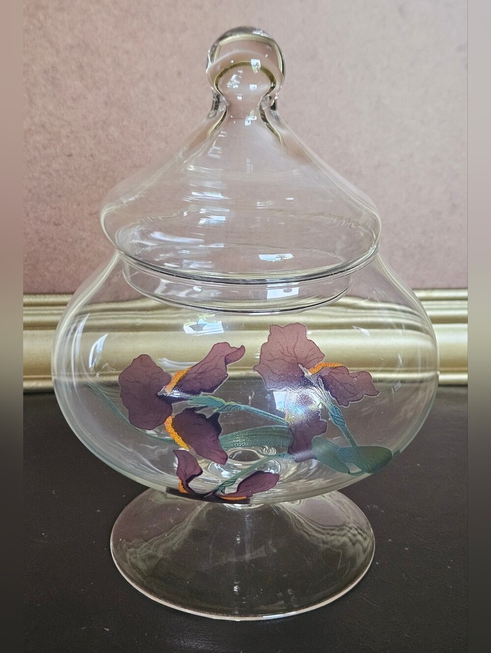 Vintage Pedestal Apothecary Hand Painted Candy Biscuit Jar Flowers Painted